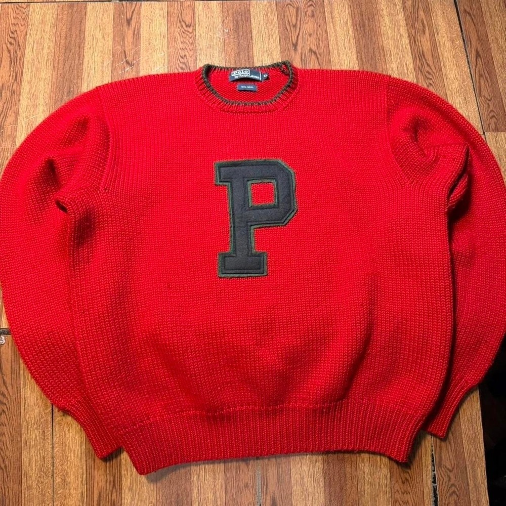 Polo Ralph Lauren Vtg 90's P Varsity Red Wool Knit Sweater XL